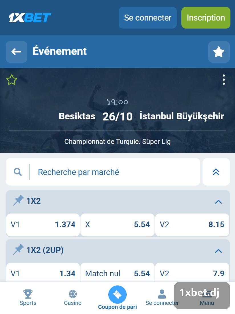 Championnat de Turquie. Süper Lig : page d'un match turc avec 1X2