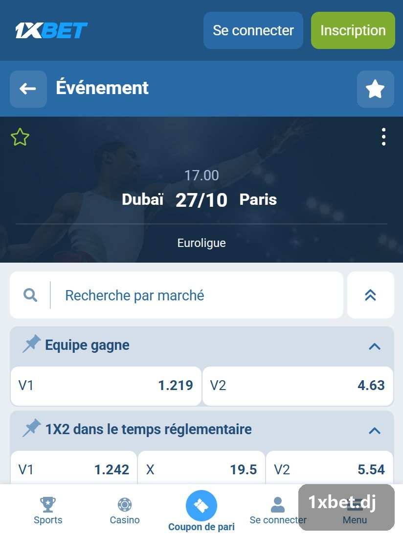 Euroligue : page d'un match avec vainqueur, 1X2 et total