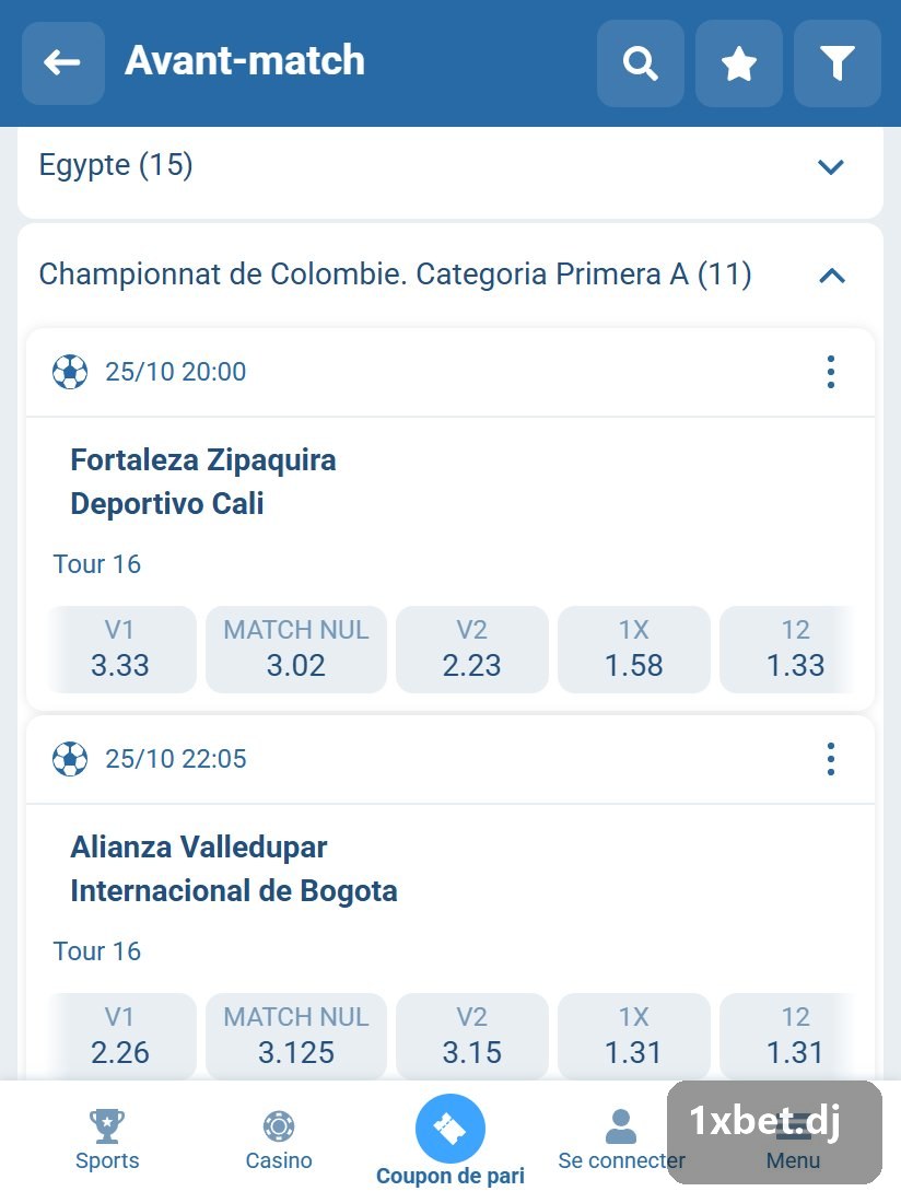 Championnat de Colombie. Categoria Primera A : matchs du championnat colombien avec cotes