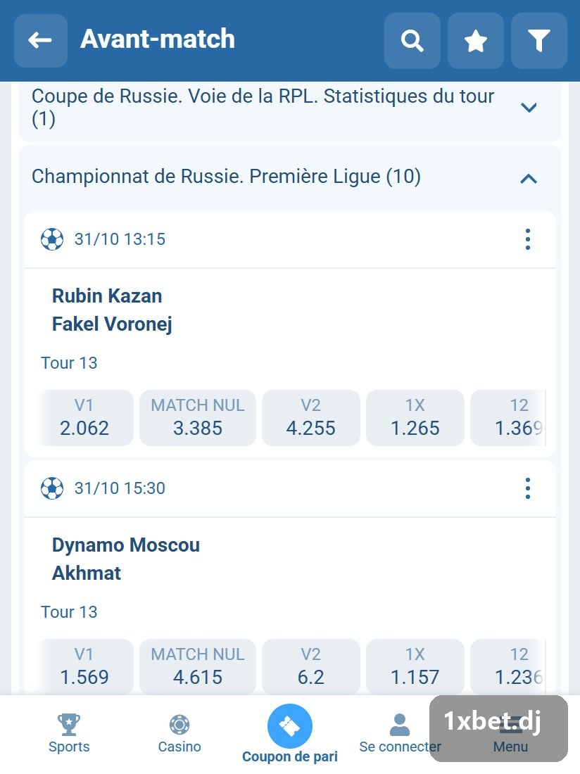 Championnat de Russie. Première Ligue : matchs de la Premier League russe et leurs cotes