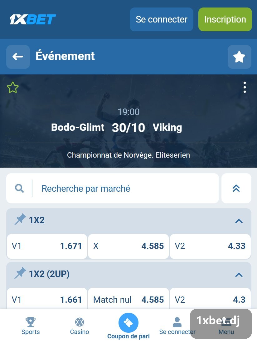 Norway. Eliteserien: match page with W1, Draw and W2 prices