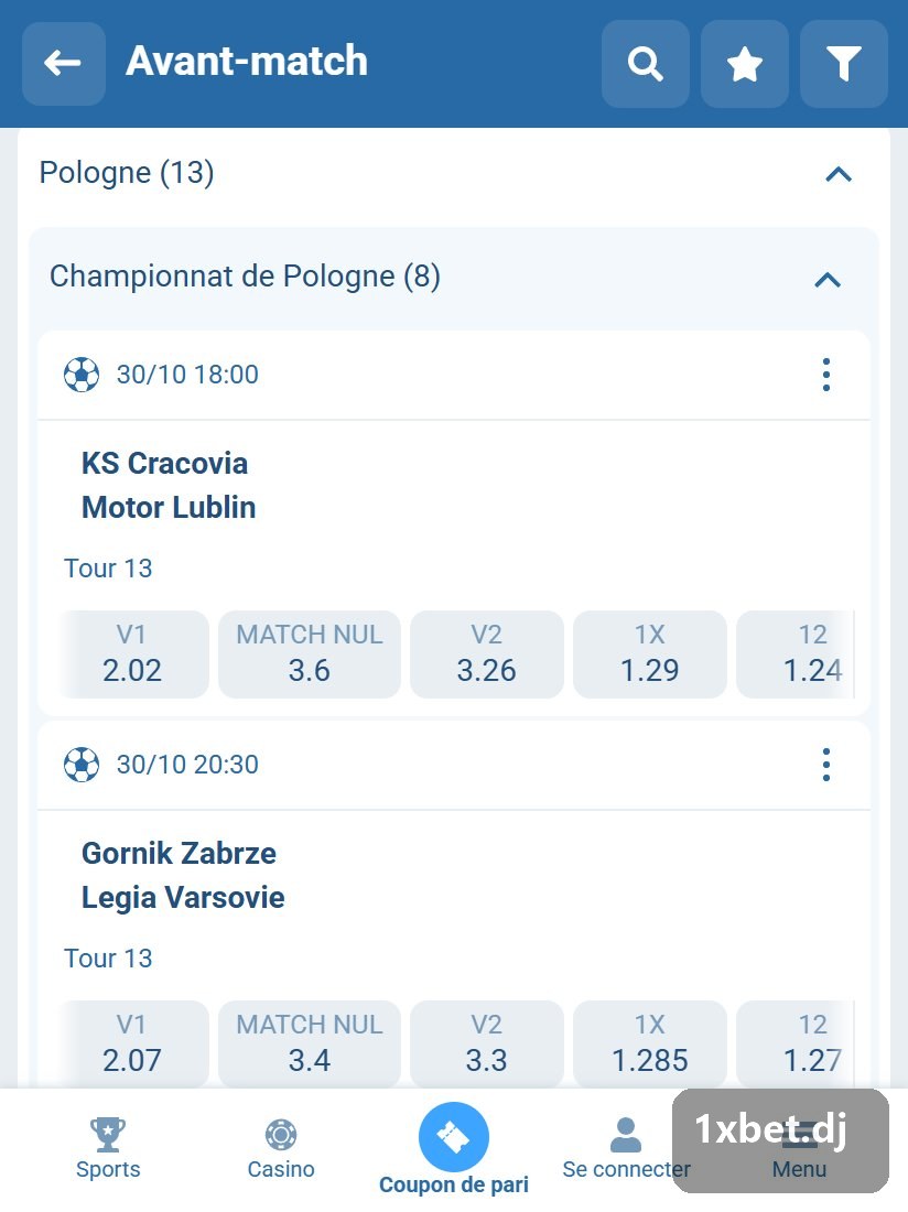 Poland. Ekstraklasa: Ekstraklasa games in the pre-match line