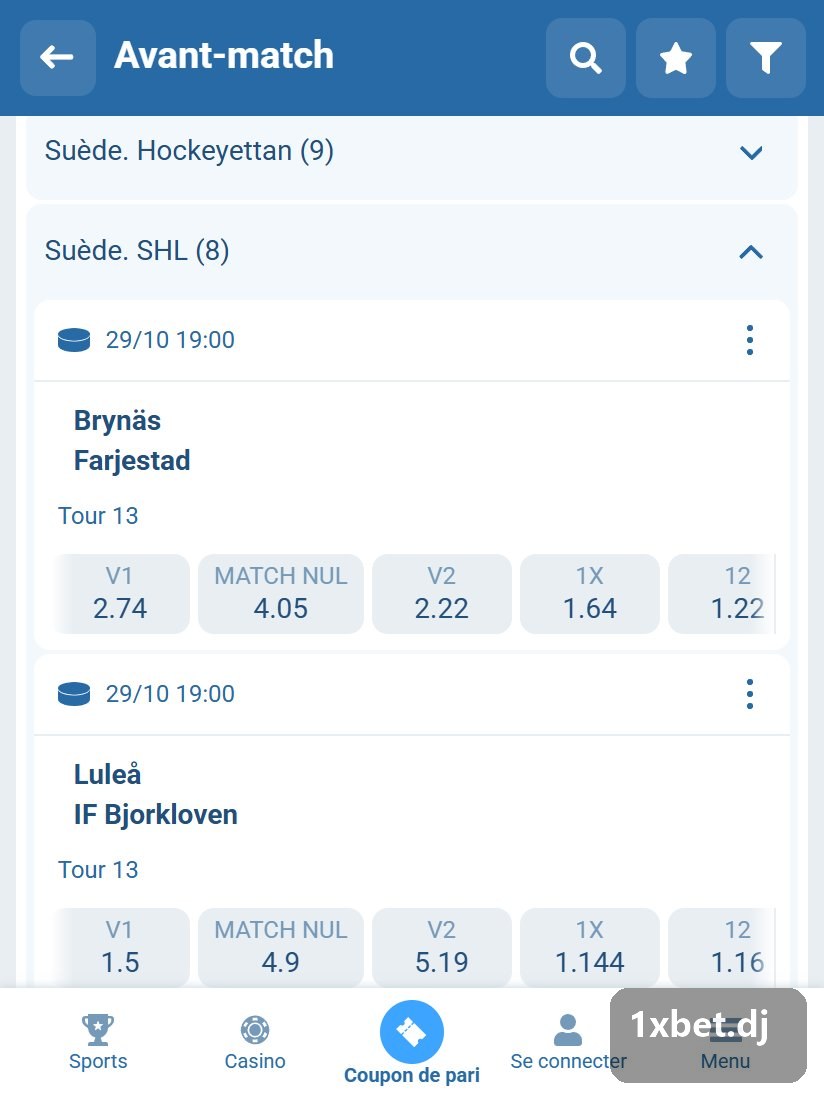 Suède. SHL : matchs listés avant la mise en jeu