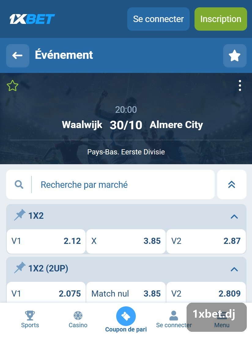 Pays-Bas. Eerste Divisie : page d'un match et ses blocs de cotes