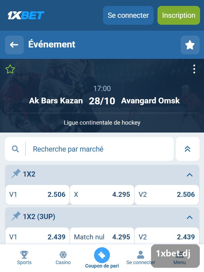 Kontinental Hockey League: a game page with 1X2 and winner market