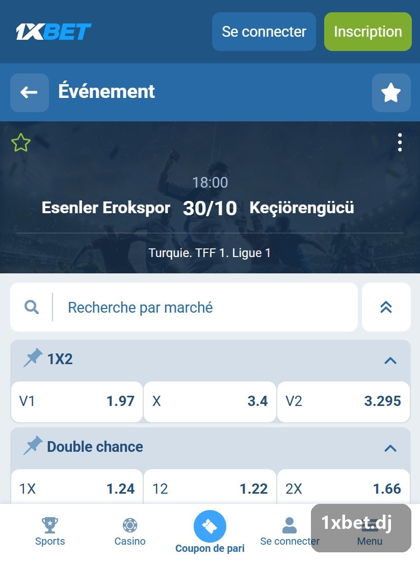 Turquie. TFF 1. Ligue 1 : page d'un match et ses blocs de cotes