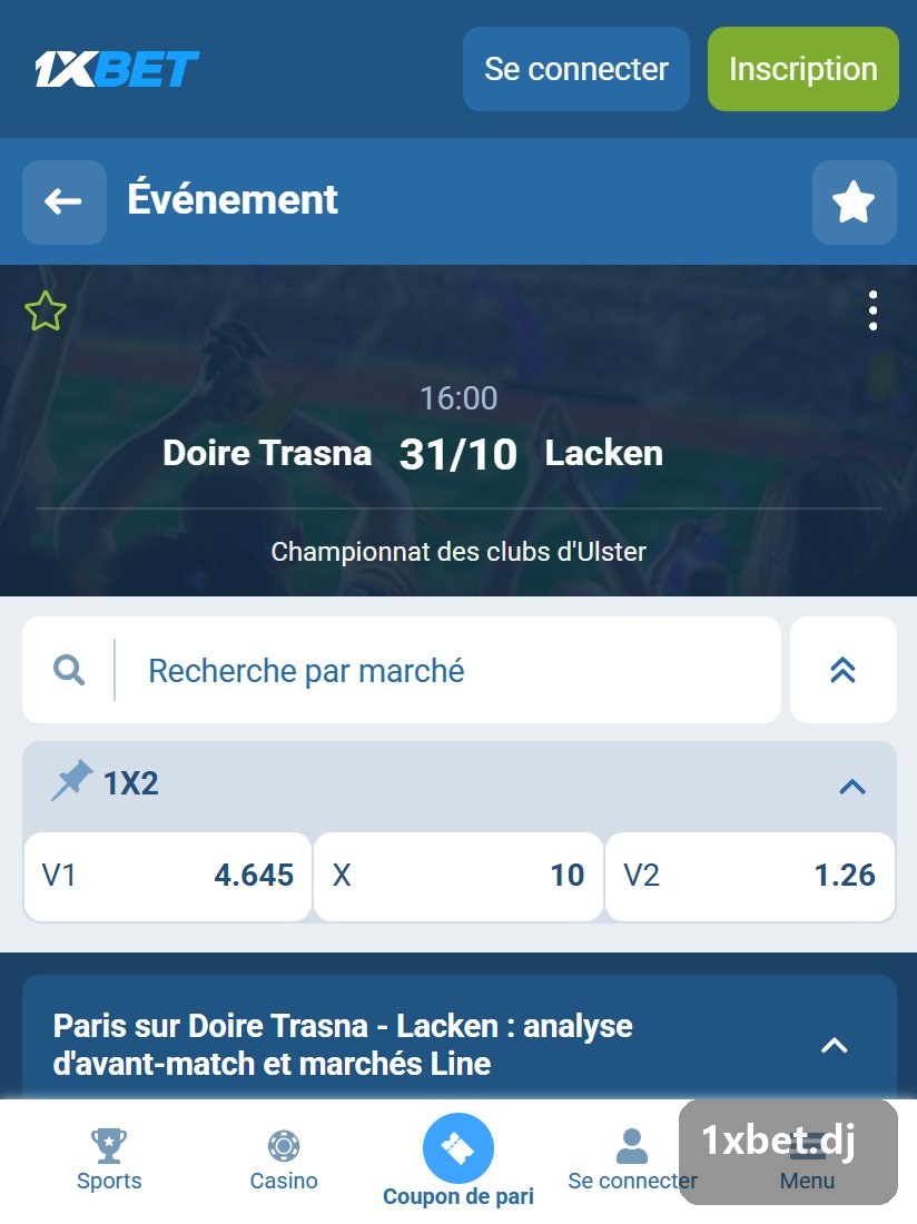 Leinster Junior Championship: single game page with the market search box and the 1X2 block