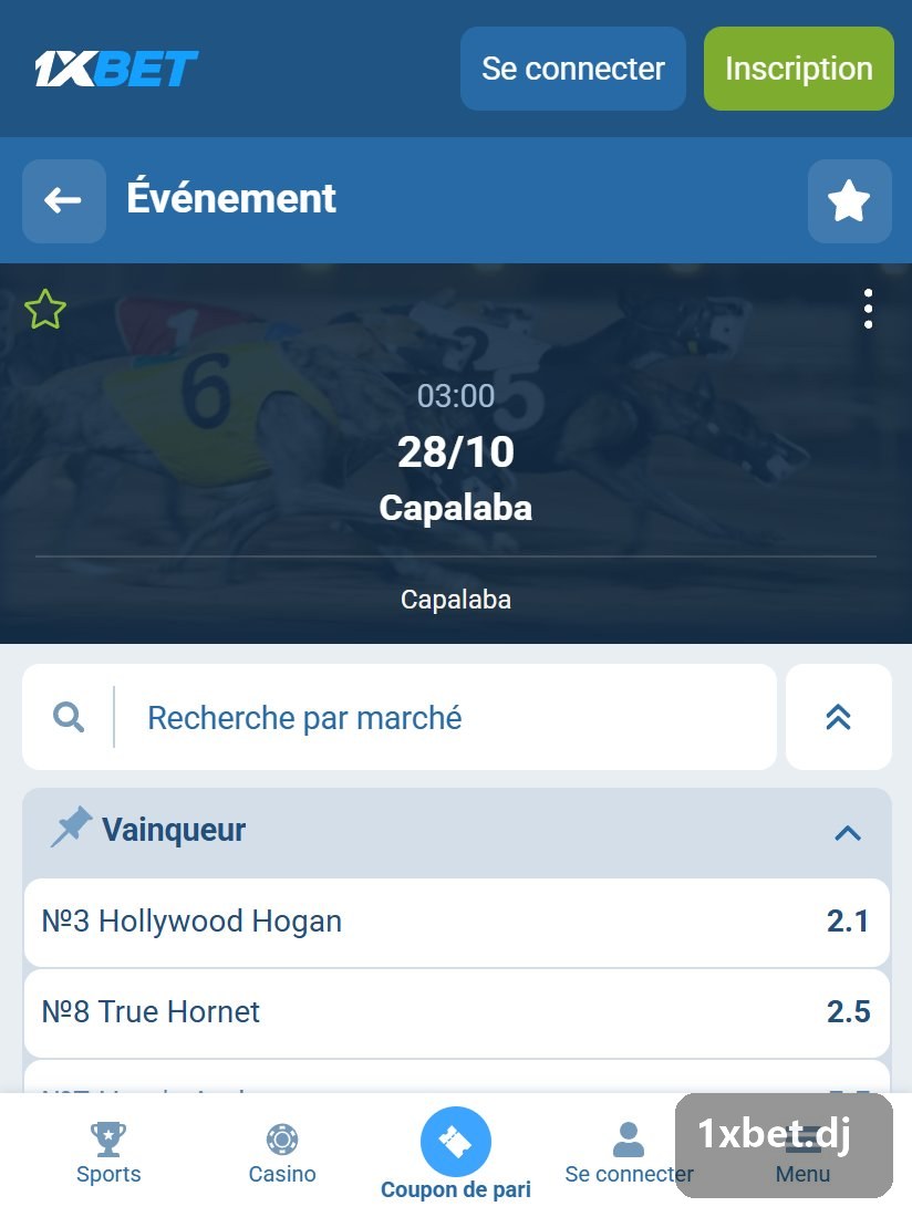 Romford : en-tête de la course avec heure et date, champ de recherche et marché Vainqueur