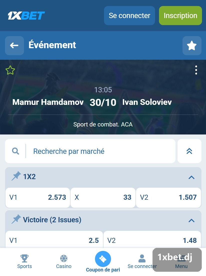Kantemir Shogenov - Larry Dzhaljireev : en-tête du combat avec l'heure, la date et le groupe, puis les marchés 1X2 et Victoire (2 Issues)