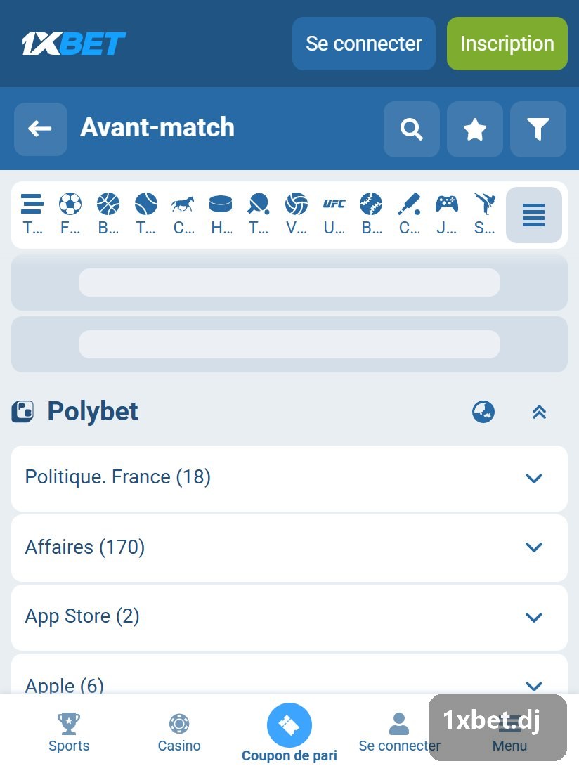 Polybet section on a phone: themed groups such as Politics. Poland with question counts in brackets